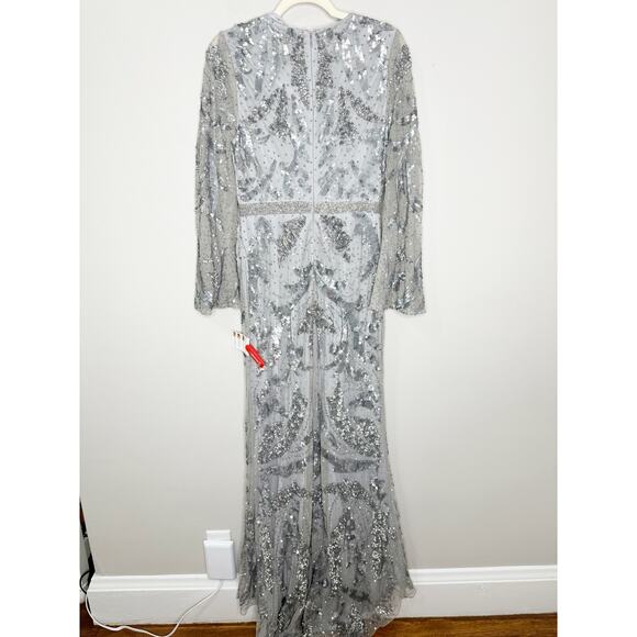 Mac Duggal 5222 Sequined Faux Wrap Split Long Sleeve Gown Platinum 6 $598 NEW - Picture 4 of 16